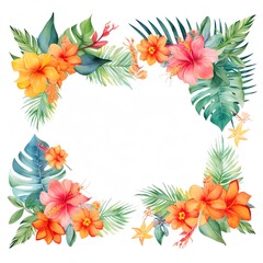 A tropical wedding frame with bright tropical flowers and leaves, watercolor style, blank center space.