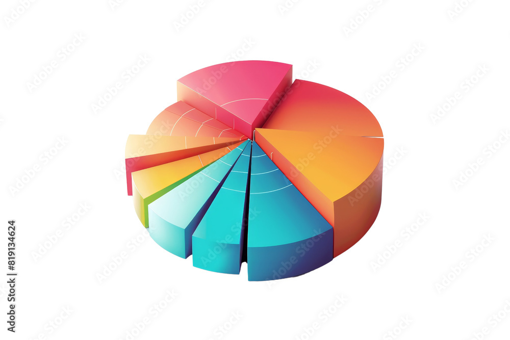 Poster 3d colorful pie chart with various segments representing data distribution. ideal for business, fina