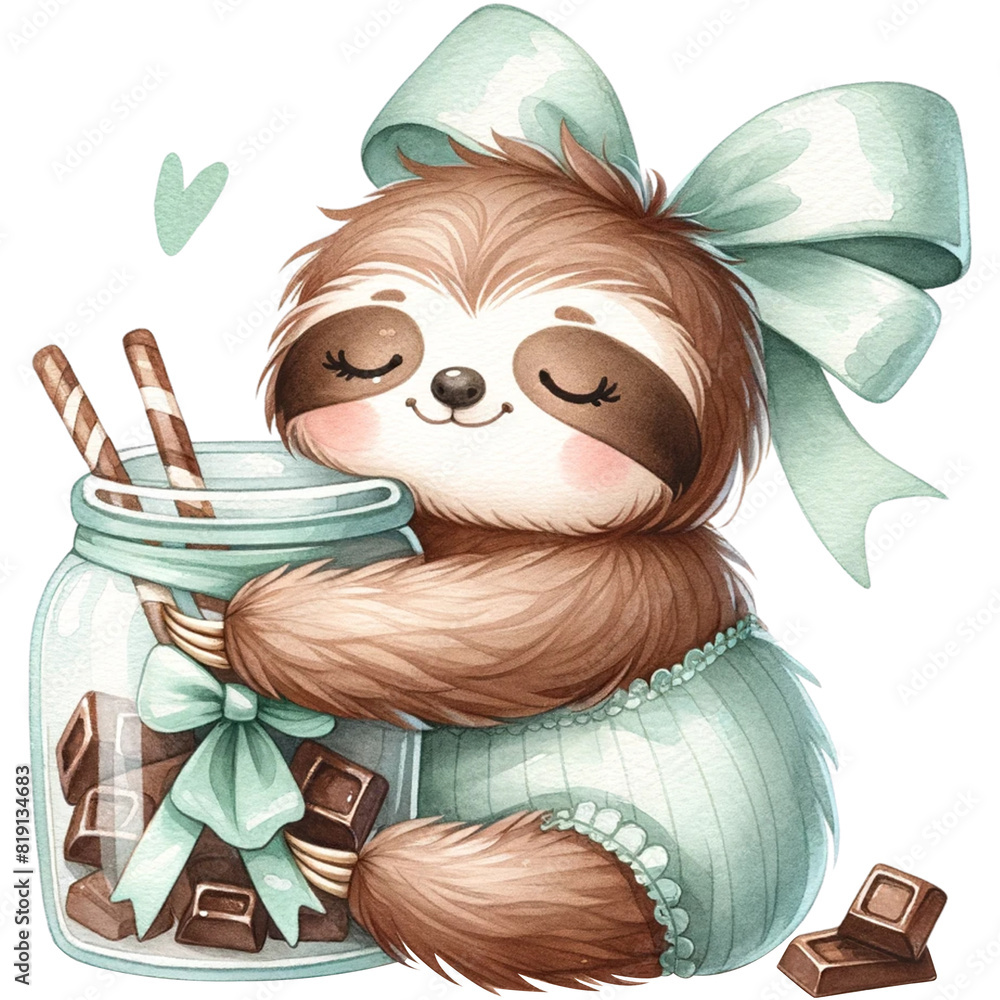 Wall mural Cute Sloth Chocolate Clipart,Chocolate Lover,World Chocolate Day Clipart,Dessert Clipart,Watercolor Sloth Clipart