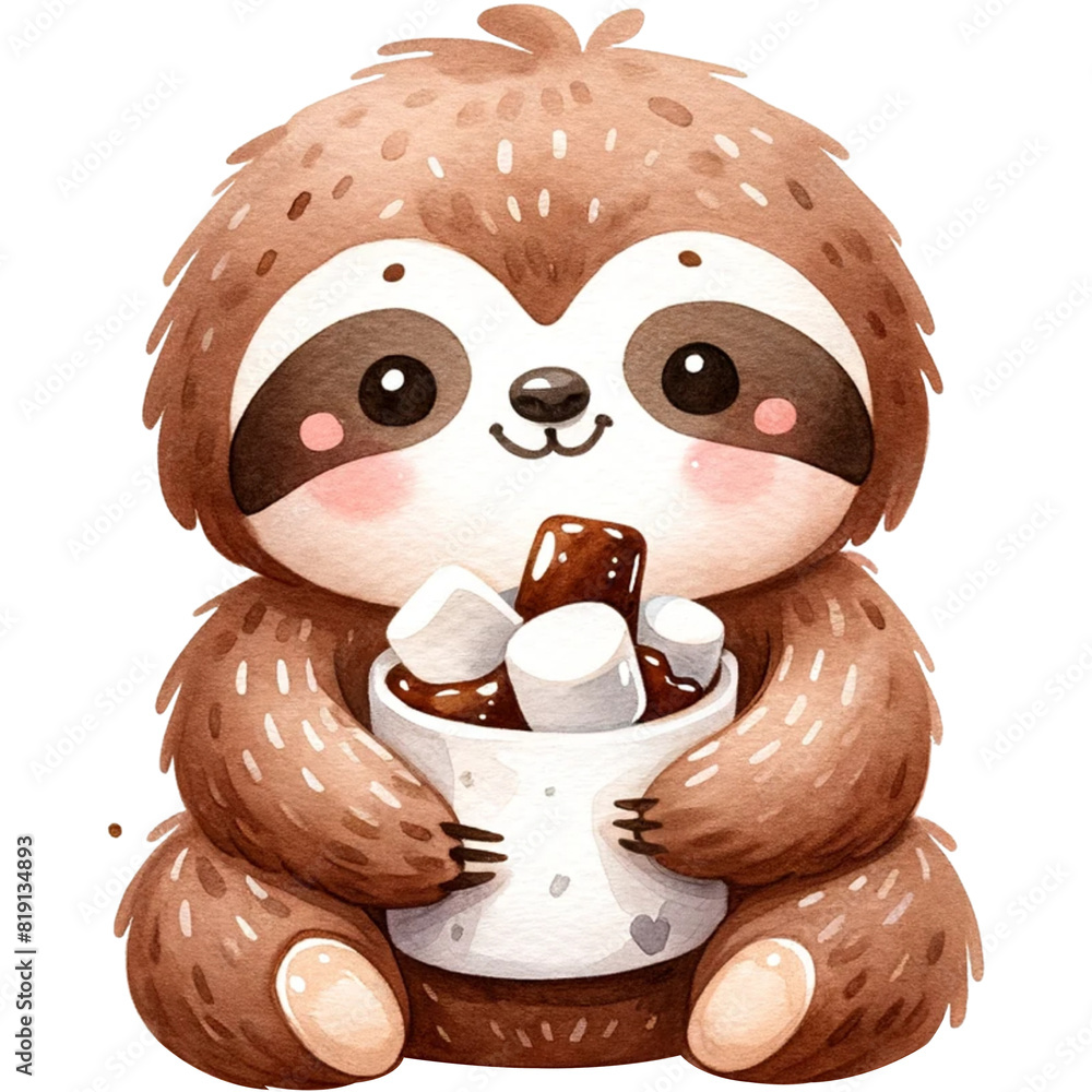 Wall mural Cute Sloth Chocolate Clipart,Chocolate Lover,World Chocolate Day Clipart,Dessert Clipart,Watercolor Sloth Clipart