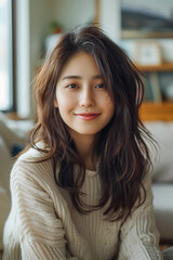 Young beautiful asian woman smiling sitting on couch, brown hair