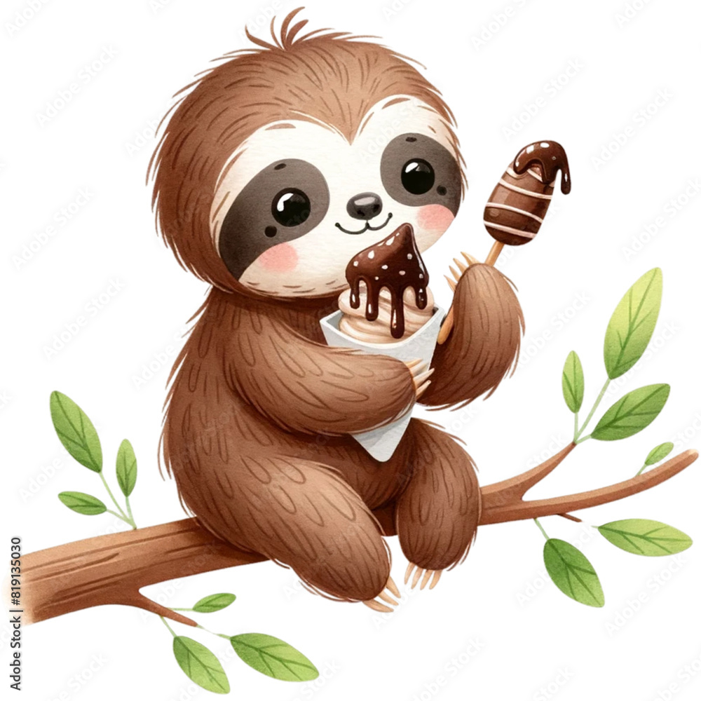 Wall mural Cute Sloth Chocolate Clipart,Chocolate Lover,World Chocolate Day Clipart,Dessert Clipart,Watercolor Sloth Clipart