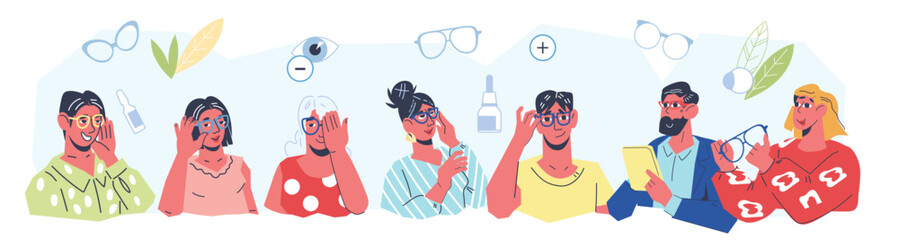 Characters for ophthalmology and LASIK eye surgery topics. LASIK procedure for vision correction, selection of glasses and vision examination, flat vector illustration isolated on white background.