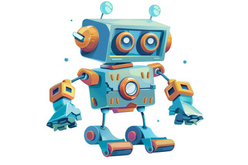 A colorful, cartoon-style robot with antenna and wheels, standing against a transparent background. Perfect for technology and AI themes.