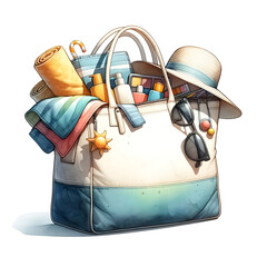 An illustration for summer, Beach bag clipart filled with essentials, rendered in watercolor style