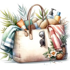 An illustration for summer, Beach bag clipart filled with essentials, rendered in watercolor style