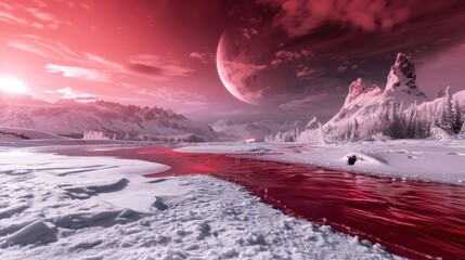 Lake of blood, river of blood, blood on the snow. winter vast battlefield landscape. Surreal alien winter planet. Red and white