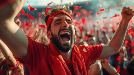 Red sports fans scream as they support their team from the field.