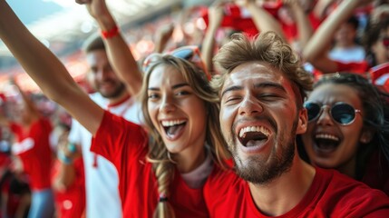 Obraz premium Red sports fans scream as they support their team from the field.
