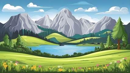 Beautiful landscape vector illustration. Beautiful landscape of mountains, mountain lake, forests and meadows with flowers. Beautiful landscape for printing.