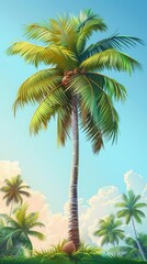 Fototapeta premium Tropical palm tree with coconuts, cartoon style, vibrant green, tropical and relaxing