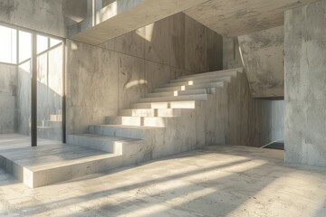 A minimalist concrete staircase in a modern architectural setting with sunlight streaming through large windows.