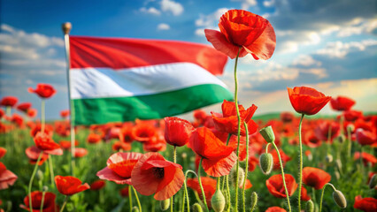 Fototapeta premium Bright red poppies dominate the lush field under a partly cloudy sky, in the background the Hungarian flag with its red,white and green central emblem flies on a pole. The flowers are in full bloom.AI