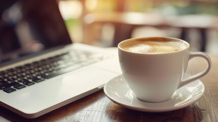 Fototapeta premium Capture a cup of coffee next to a laptop, indicating a work setting, with copy space for an image, using Manipulation