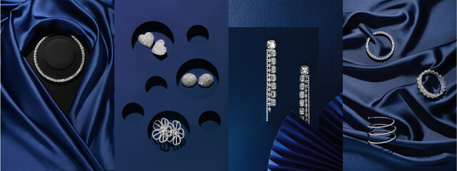 Beautiful diamond jewelry on a blue background. Banner. Style. Top view.