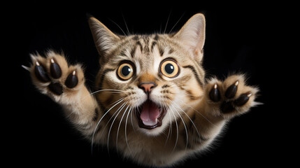 Funny surprised cat with a questioning pose. A cute kitten asks in surprise where the treats are.