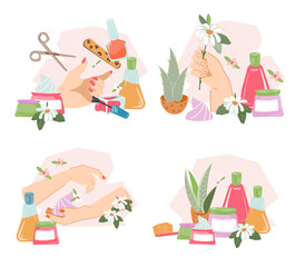 Hand skin care and manicure procedure banners set. Design for nail salons and hand cosmetics, manicure procedures emblem, flat vector illustration isolated on white background.