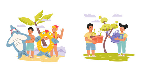 Children summer vacation activity. Set of children having fun on the beach and in the garden, flat vector illustration isolated on white background.