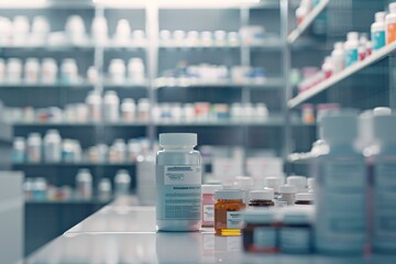 Well-lit pharmacy shelves filled with various medication bottles and boxes in an organized arrangement.