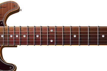 Close-up of a wooden electric guitar fretboard with strings and frets, highlighting the rich texture and detail of the instrument.