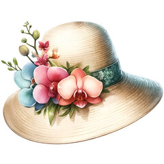 An illustration for summer, Beach hat clipart for sun protection, rendered in watercolor style. 