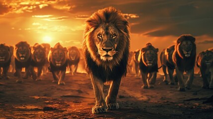  Leadership concept with majestic lion walking in front of his pride