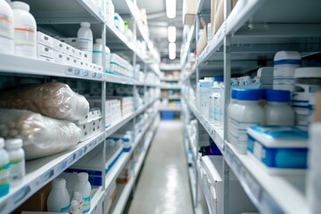 Organized shelves filled with pharmaceutical products and medical supplies in a well-lit storage room.