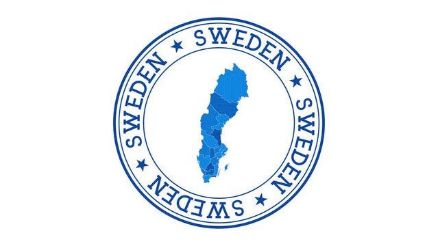 Sweden intro. Badge with the circular name and map of country. Sweden round logo animation.