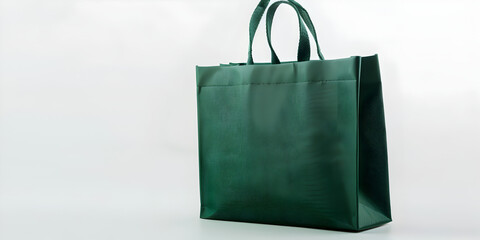  Fashion retail store bag carrying luxury merchandise green tote canvas fabric bag set-up in at café coffee shop interior mock up blank white back ground.