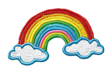 Colorful embroidered patch of a rainbow arching over two white clouds, against a transparent background, perfect for crafting or decoration.