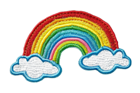 Colorful embroidered patch of a rainbow arching over two white clouds, against a transparent background, perfect for crafting or decoration.