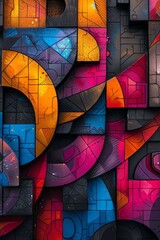 Fototapeta premium Colorful abstract geometric pattern with overlapping shapes, vibrant hues, and textured details, creating a modern visual composition.