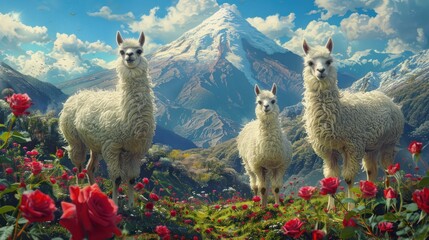 Fototapeta premium Three white llamas in a field with a volcano