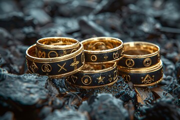 A set of gleaming gold rings, each engraved with a symbol representing a different LGBTQ+ identity.