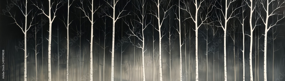 Poster a painting of a forest with trees in the foreground and background