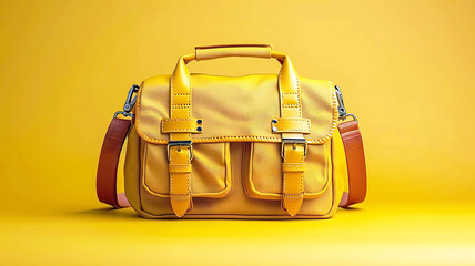 a yellow bag with a red strap is shown on a yellow background