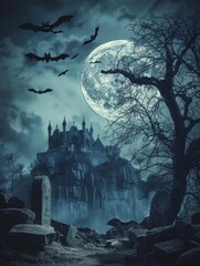 Graveyard cemetery to castle In Spooky scary dark Night full moon and bats on dead tree. Holiday event halloween banner background concept.
