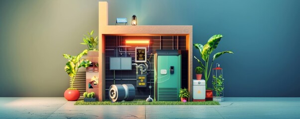 Home battery storage unit in a garage, front view, demonstrating smart home devices, cybernetic tone, Tetradic color scheme