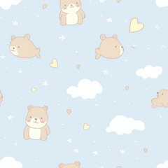 Seamless pattern with cute cartoon bears, clouds, and hearts on a light blue background. Perfect for baby and children designs.
