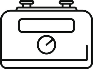 Vintage camera icon outline in minimalistic black and white line art illustration, symbolizing retro photography, with simple vector design, isolated graphical pictogram, and modern web logo