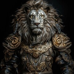 Lion in ornated royal armor, legendary mythical creature warrior detailed dramatic portrait on black background