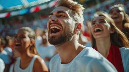 Fototapeta premium White sports fans scream as they support their team from the field.