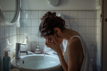 European woman waking up, tries to start the day by washing her face in the modest bathroom
