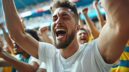 White sports fans scream as they support their team from the field.