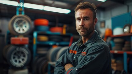 The auto mechanic stood with his arms crossed.