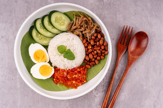 High angle view of fatty rice nasi lemak Malaysian food