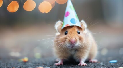 Little hamster wearing party hat.