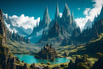 Change to a fantastical mountain kingdom with towering spires and mystical lighting.