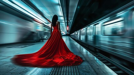 a woman in a striking red dress standing on a modern subway platform. The scene should evoke a sense of motion