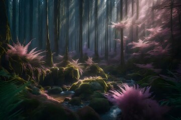 Set a magical fairy forest scene with soft pinks, purples, and greens.